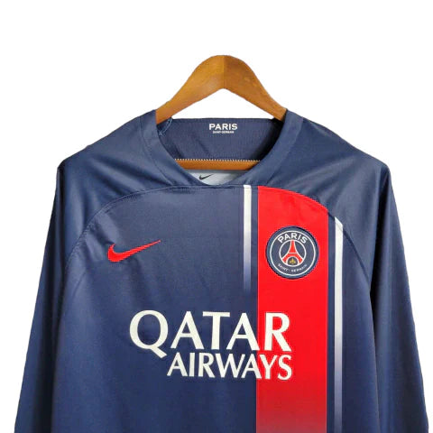 Camisa Paris Saint-Germain I 23/24 manga longa - Torcedor Nike Masculina - Azul com detalhes em vermelho