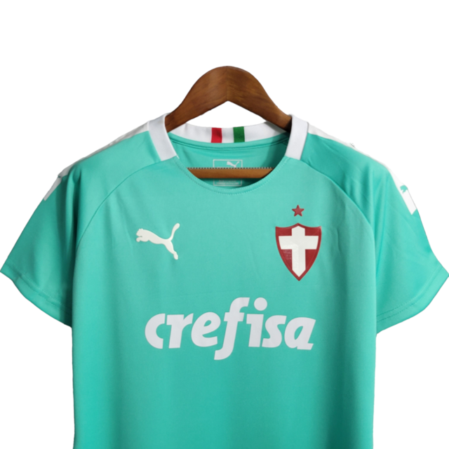Camisa Palmeiras III 19/20 - Torcedor Puma Feminina - Verde Tiffany com detalhes em vermelho savoia