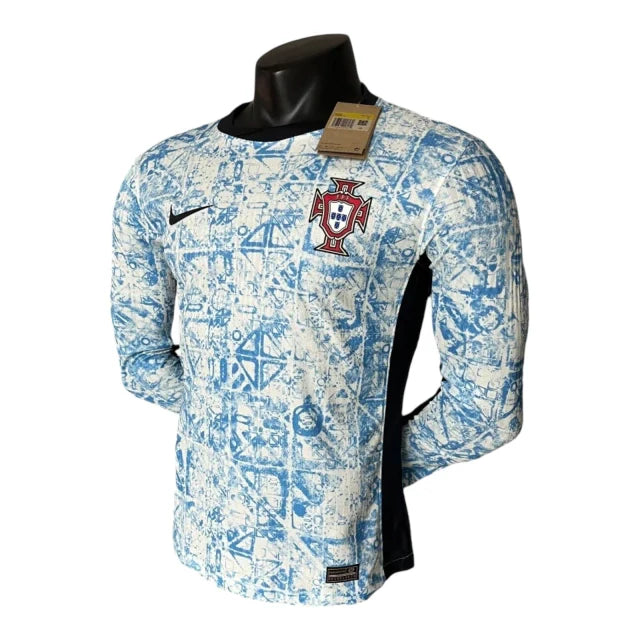 Camisa Seleção de Portugal II 24/25 manga longa - Jogador Nike Masculina - Branca com detalhes em azul