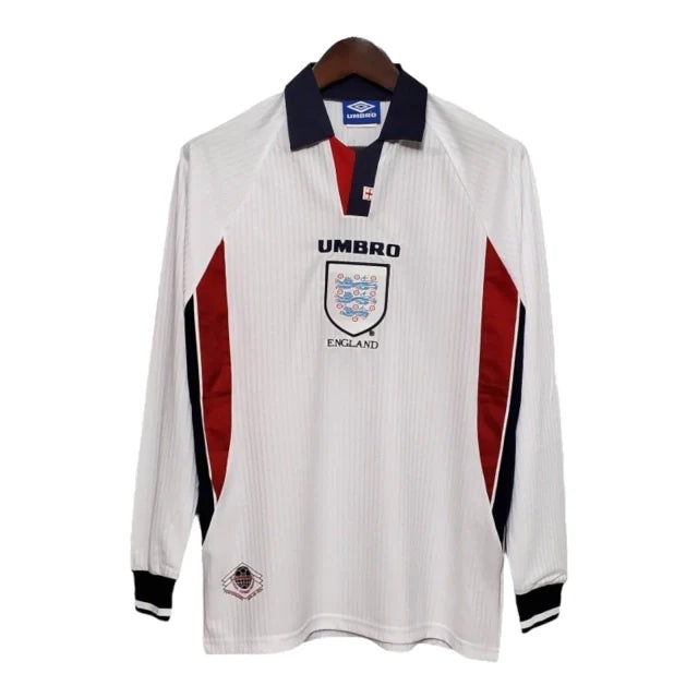 Camisa Retrô Seleção da Inglaterra I 1998 manga longa - Masculina Umbro - Branca com detalhes em azul e vermelho