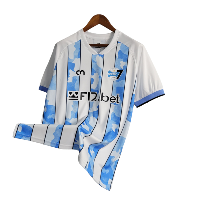 Camisa Grêmio 23/24 - Torcedor Fut7 Masculina - Branca com detalhes em azul