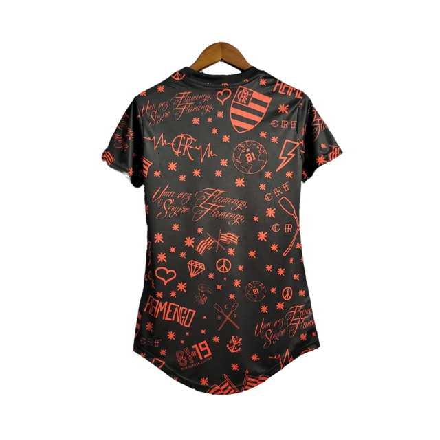 Camisa Flamengo III Pré Jogo 22/23 Adidas Feminina - Vermelha com detalhes em preto