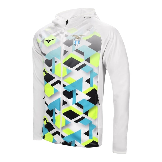 Jaqueta Corta-Vento Lazio Pré -jogo 24/25 - Masculina Mizuno - Branca com detalhes em amarelo e azul