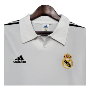 Camisa Retrô Real Madrid I 2002 manga longa - Masculina Adidas - Branca com listras pretas