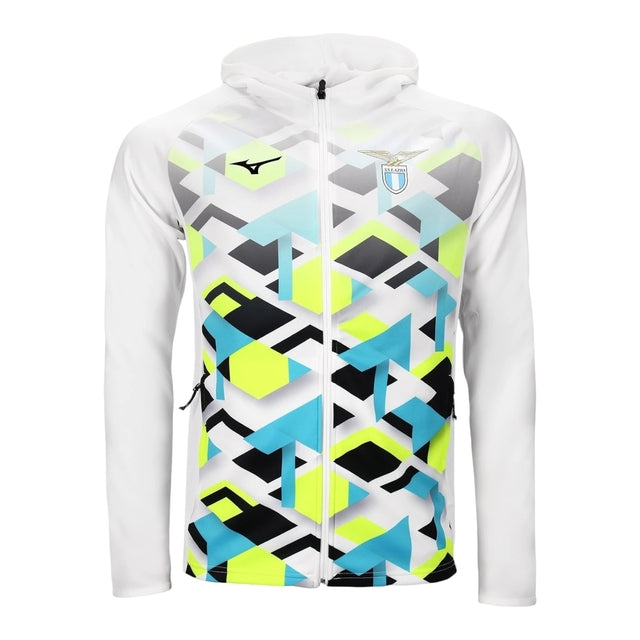 Jaqueta Corta-Vento Lazio Pré -jogo 24/25 - Masculina Mizuno - Branca com detalhes em amarelo e azul