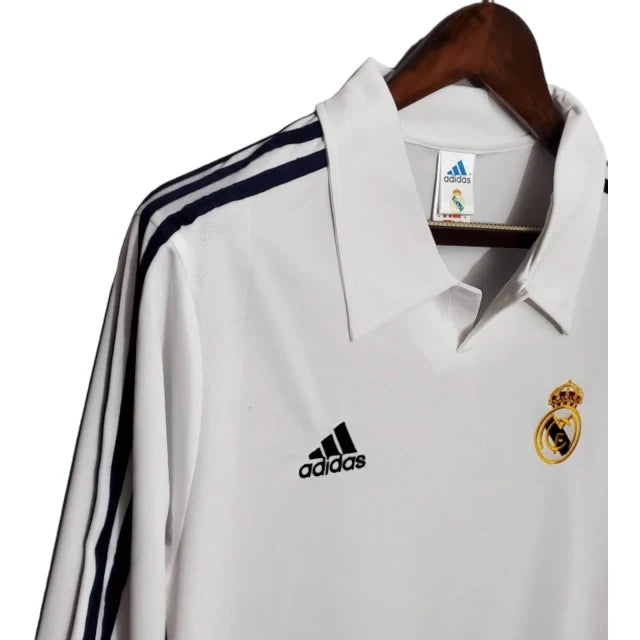 Camisa Retrô Real Madrid I 2002 manga longa - Masculina Adidas - Branca com listras pretas