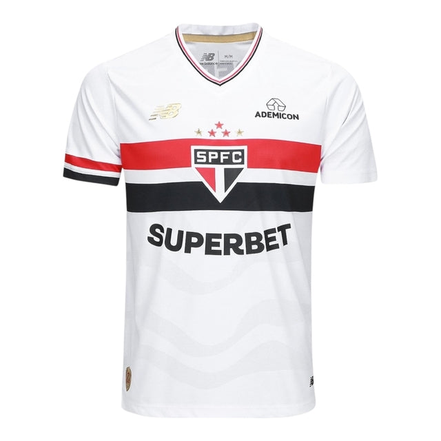 Camisa São Paulo I 25/26 - Torcedor New Balance Masculina - Branca com detalhes em vermelho e preto