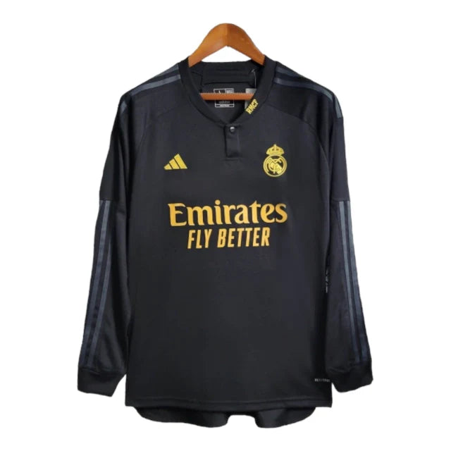 Camisa Real Madrid II 23/24 manga Longa - Torcedor Adidas Masculina - Preta com detalhes em cinza