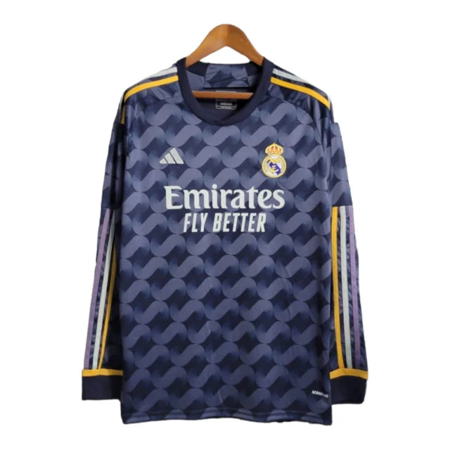Camisa Real Madrid II 23/24 manga Longa - Torcedor Adidas Masculina - Azul com detalhes em amarelo e branco e roxo